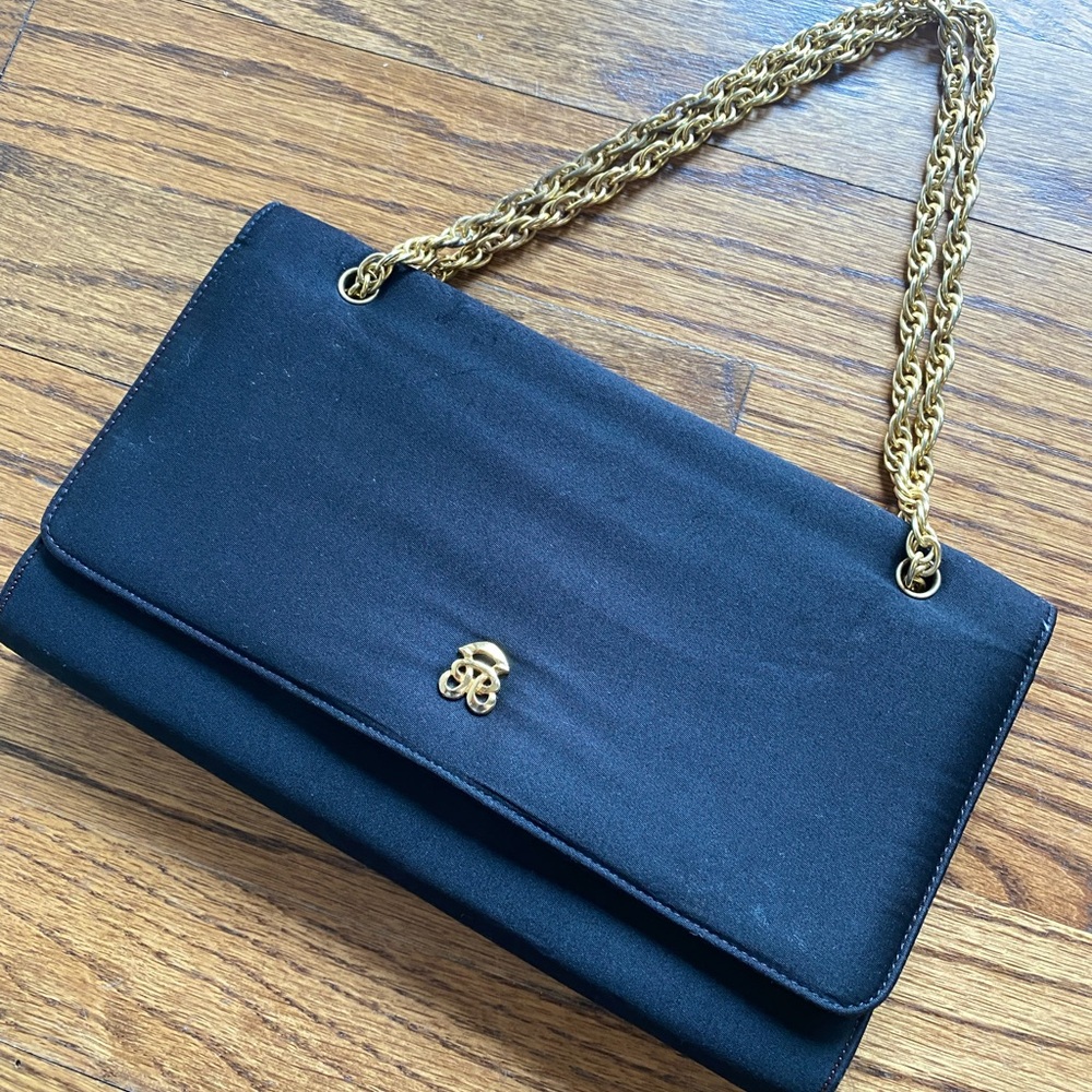 Bienen-Davis Black Satin Chain Shoulder Bag Gold Hardware Vintage.